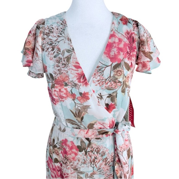 Eliza J Floral Chiffon Maxi Dress Blue Pink Wrap Style Flutter Sleeve Size 4 NWT - Picture 5 of 9